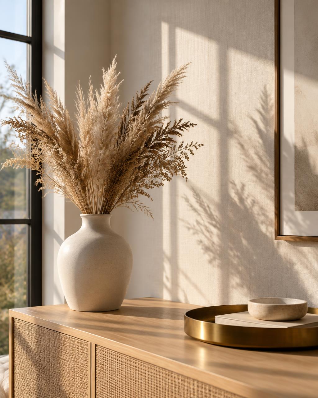 Pampas secas en un jarrón de cerámica mate junto a una ventana