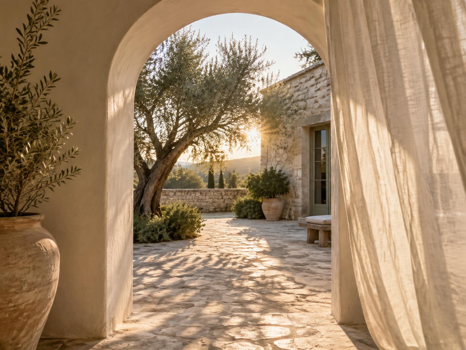 Arco de estuco abierto a un patio con luz de tarde